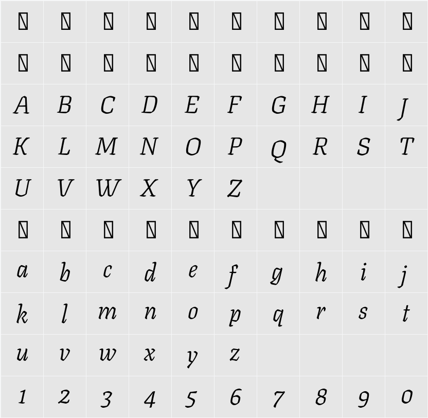 Texturina 72pt Light 字符映射表