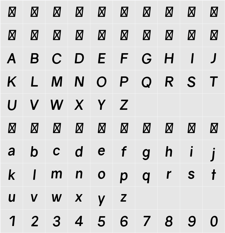 Gravity Bold Italic 字符映射表