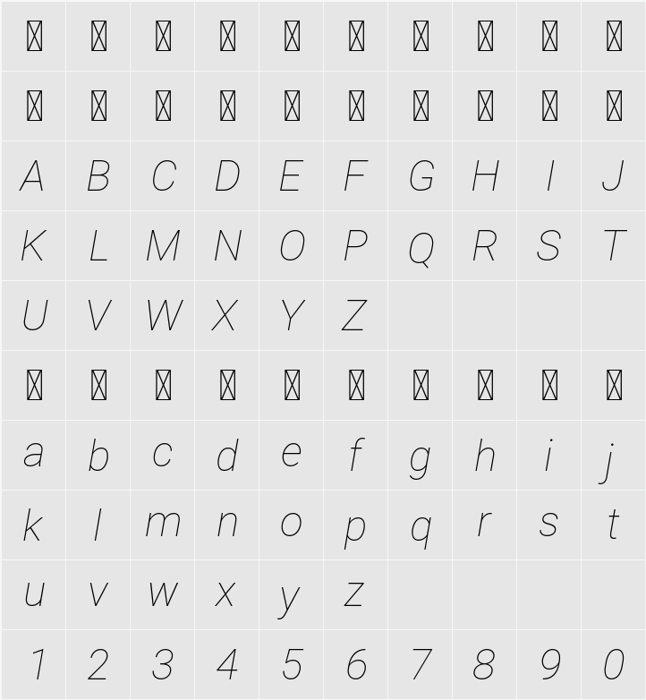 Roboto Thin 字符映射表