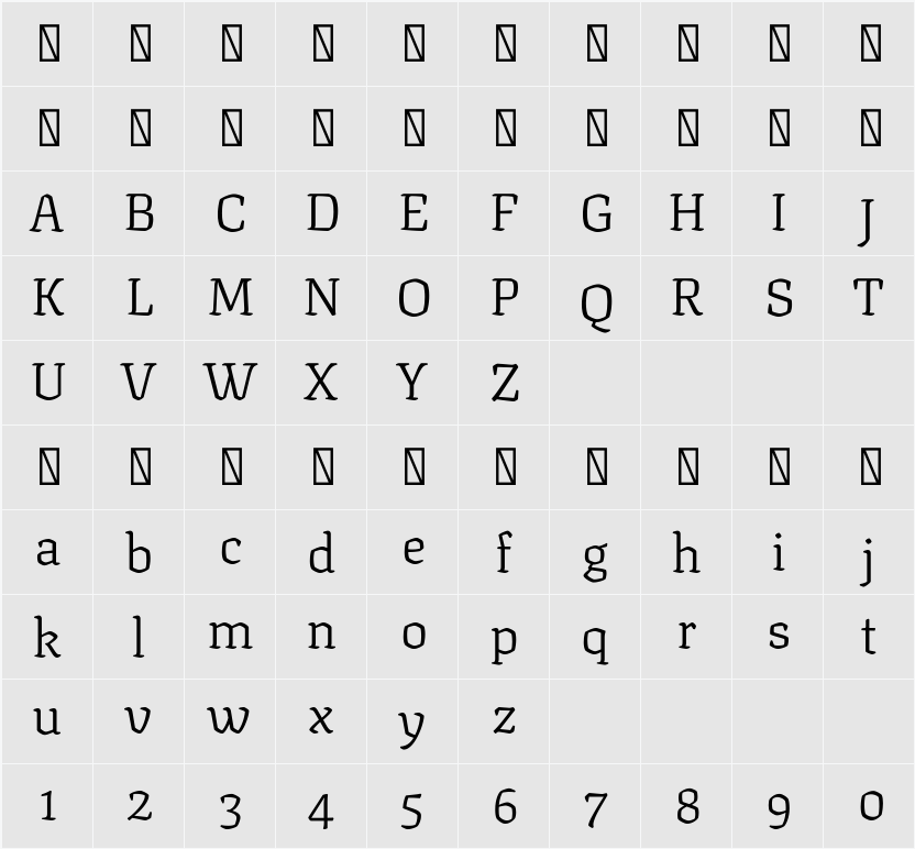 Texturina 20pt ExtraLight 字符映射表