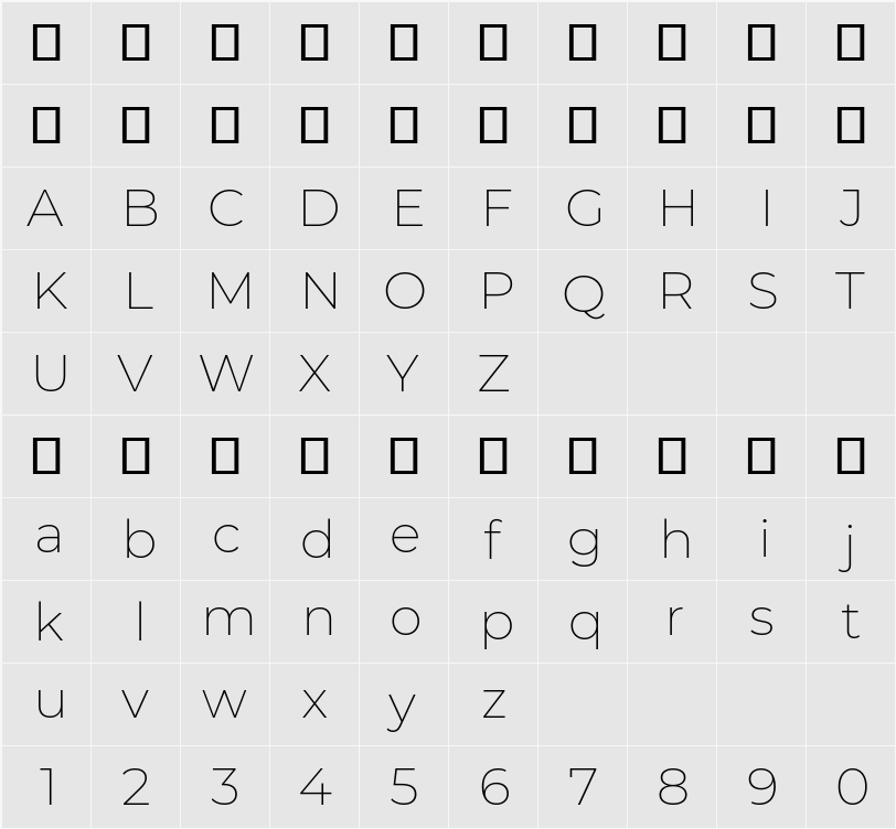 Montserrat ExtraLight 字符映射表