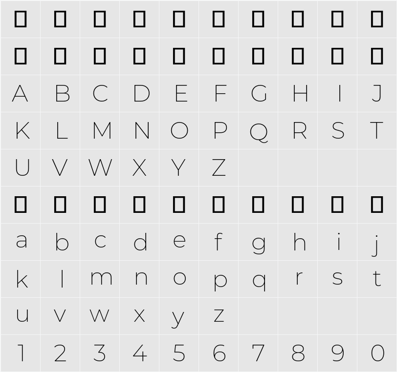 Montserrat ExtraLight 字符映射表
