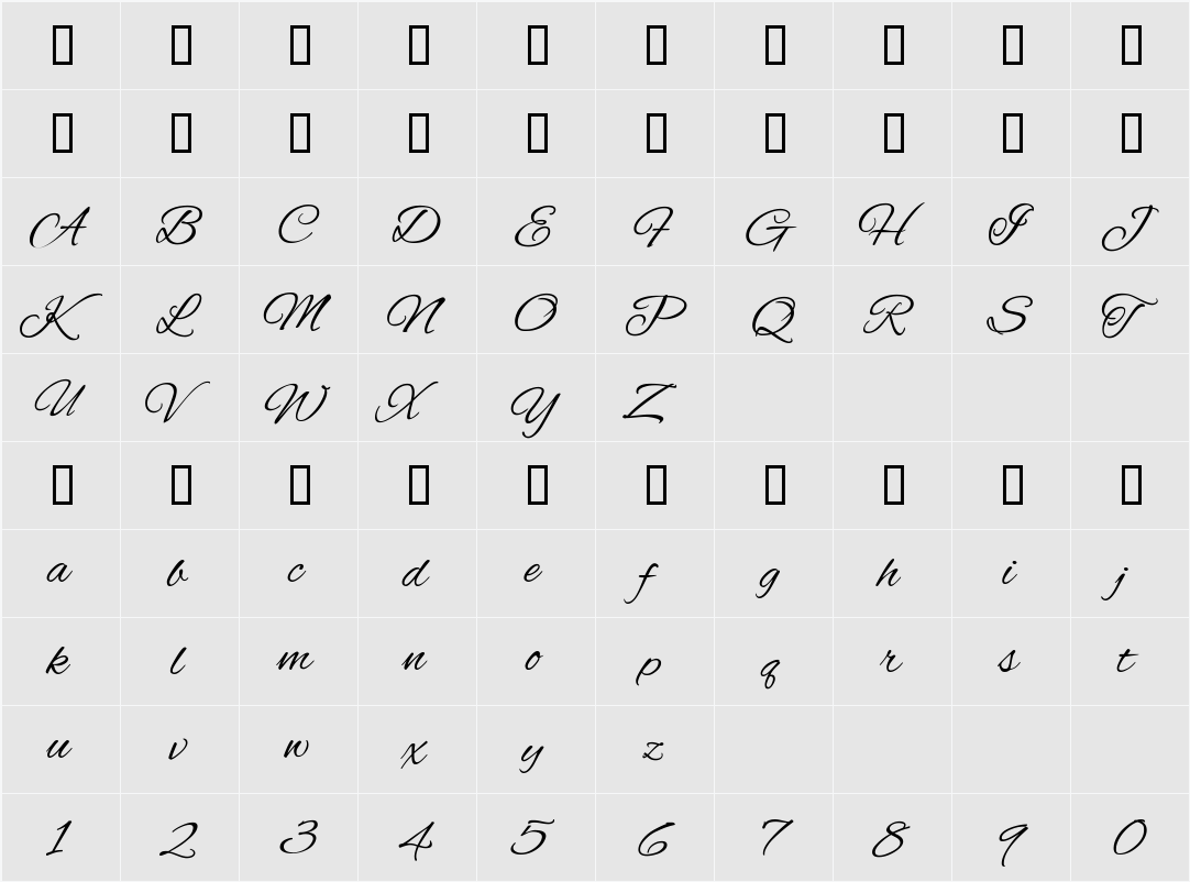 Alex Brush 字符映射表