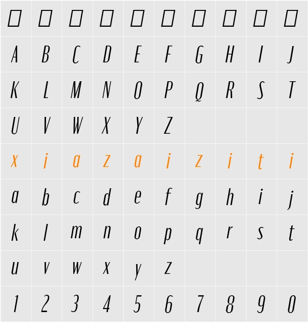 Moniqa Narrow Ita Paragraph 字符映射表