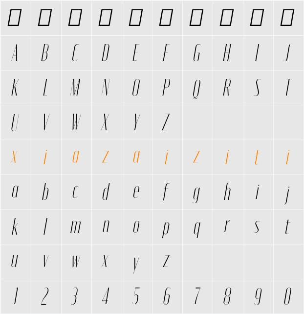 Moniqa ExtLt Narrow Ita Display 字符映射表