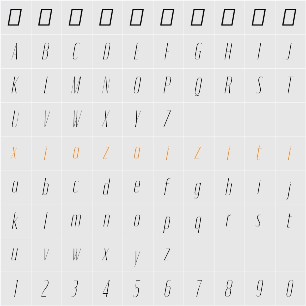 Moniqa Thin Narrow Ita Display 字符映射表