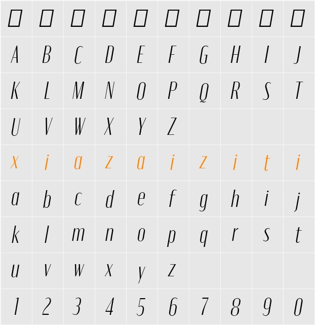 Moniqa Light Ita Heading 字符映射表