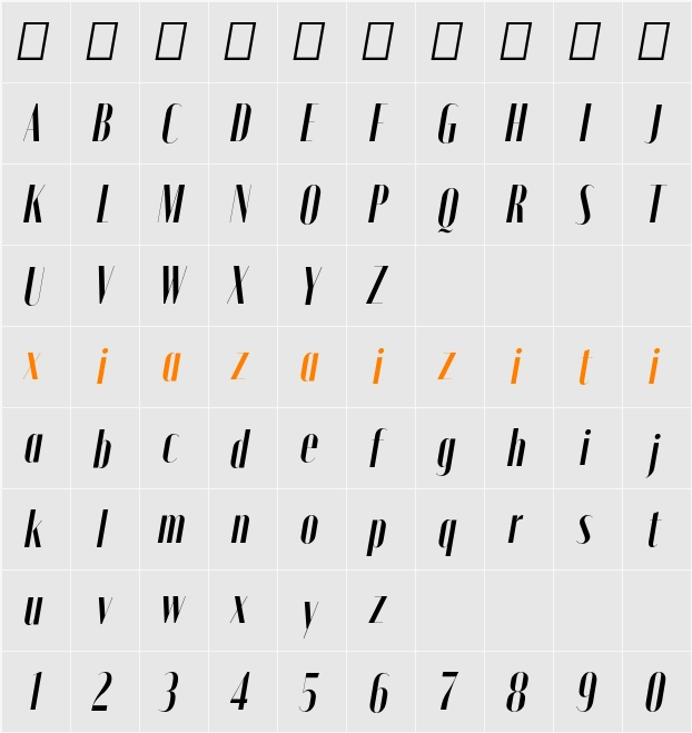 Moniqa Narrow Ita Display 字符映射表