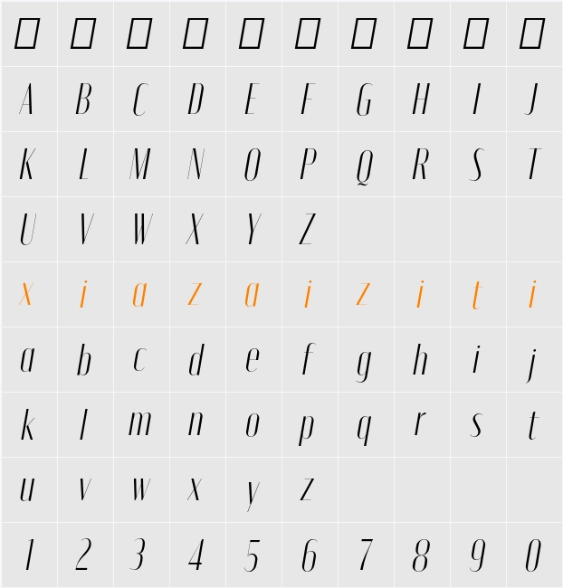Moniqa Light Ita Display 字符映射表