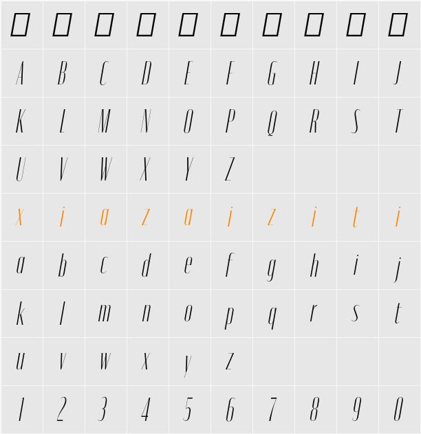Moniqa ExtLt Cond Ita Display 字符映射表