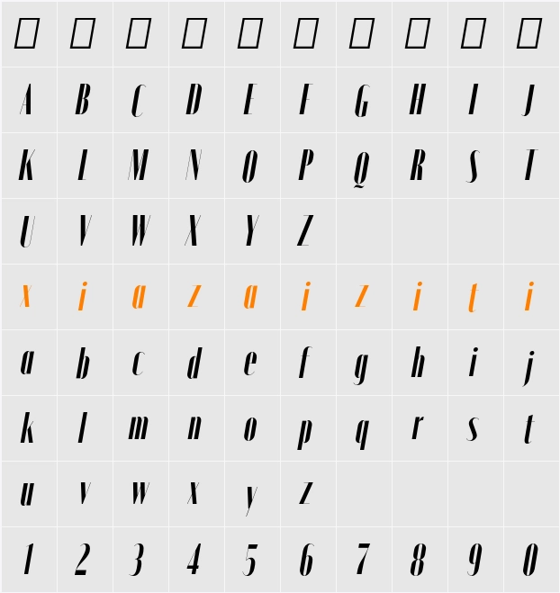 Moniqa ExtBd Cond Ita Display 字符映射表