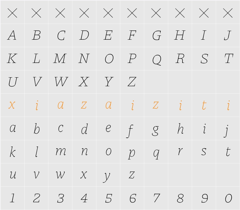 Piazzolla Thin Italic 字符映射表