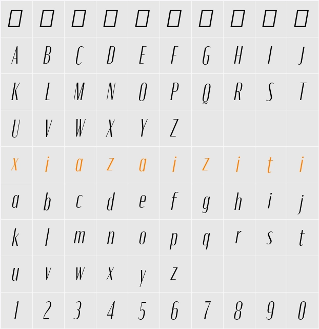 Moniqa Light Narrow Ita Heading 字符映射表